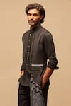 S&N by Shantnu Nikhil_Black Poly Blend Block Print Draped Bundi_at_Aza_Fashions