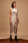 Buy_S&N by Shantnu Nikhil_Grey Bubble Satin Round Draped Jumpsuit _at_Aza_Fashions