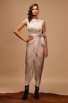 S&N by Shantnu Nikhil_Grey Bubble Satin Round Draped Jumpsuit _Online_at_Aza_Fashions