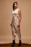 Buy_S&N by Shantnu Nikhil_Grey Bubble Satin Round Draped Jumpsuit _Online_at_Aza_Fashions