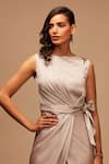 S&N by Shantnu Nikhil_Grey Bubble Satin Round Draped Jumpsuit _at_Aza_Fashions