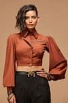 S&N by Shantnu Nikhil_Orange Terylene Cropped Shirt_at_Aza_Fashions