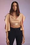 Shop_S&N by Shantnu Nikhil_Pink Poly Blend V Neck Draped Sleeve Crop Top _Online_at_Aza_Fashions