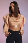 S&N by Shantnu Nikhil_Pink Poly Blend V Neck Draped Sleeve Crop Top _at_Aza_Fashions