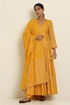 Buy_Seema Nanda_Yellow Cotton Mul V Neck Printed Angrakha  _Online_at_Aza_Fashions