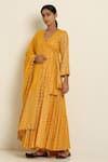 Seema Nanda_Yellow Cotton Mul V Neck Printed Angrakha  _Online_at_Aza_Fashions