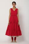 Seema Nanda_Red Chanderi Silk, , Lining V Neck Tiered Anarkali Set _Online_at_Aza_Fashions