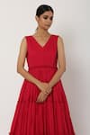 Shop_Seema Nanda_Red Chanderi Silk, , Lining V Neck Tiered Anarkali Set _Online_at_Aza_Fashions