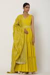 Buy_Seema Nanda_Yellow Chanderi Silk, Mul, Lining Tiered Anarkali With Dupatta _at_Aza_Fashions