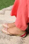 Shop_Coral Haze_Pink Hand Embroidered Floral Print Juttis_at_Aza_Fashions