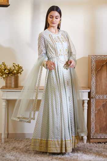 Buy_Shyam Narayan Prasad_Green Silk, Flat Chiffon, Satin Georgette Round Anarkali Set _at_Aza_Fashions
