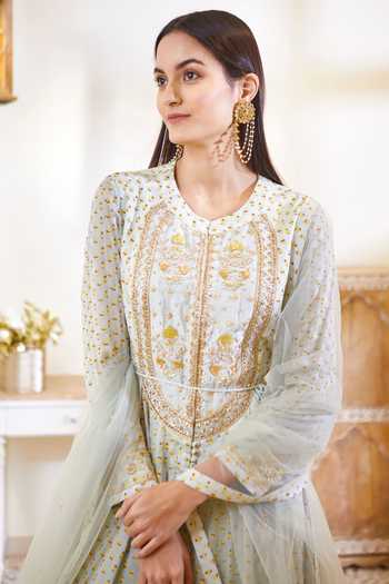 Shop_Shyam Narayan Prasad_Green Silk, Flat Chiffon, Satin Georgette Round Anarkali Set _Online_at_Aza_Fashions