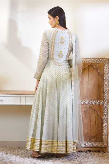 Shop_Shyam Narayan Prasad_Green Silk, Flat Chiffon, Satin Georgette Round Anarkali Set _at_Aza_Fashions