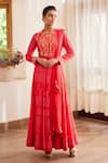 Buy Shyam Narayan Prasad Red Chinnon, Cotton Satin Zardozi Work, Hand Block Print Anarkali Trouser Set at Aza Fashions Buy_Shyam Narayan Prasad_Red Chinnon, Cotton Satin Zardozi Work, Hand Block Print Anarkali Trouser Set _at_Aza_Fashions
