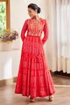 Shyam Narayan Prasad Red Chinnon, Cotton Satin Zardozi Work, Hand Block Print Anarkali Trouser Set Online at Aza Fashions Shyam Narayan Prasad_Red Chinnon, Cotton Satin Zardozi Work, Hand Block Print Anarkali Trouser Set _Online_at_Aza_Fashions