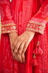 Shop Shyam Narayan Prasad Red Chinnon, Cotton Satin Zardozi Work, Hand Block Print Anarkali Trouser Set Online at Aza Fashions Shop_Shyam Narayan Prasad_Red Chinnon, Cotton Satin Zardozi Work, Hand Block Print Anarkali Trouser Set _Online_at_Aza_Fashions