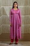 Buy_Shyam Narayan Prasad_Pink Cotton Satin, Flat Chiffon, Rayon Twill Floral Round Print Angrakha Set _Online_at_Aza_Fashions