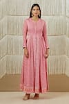 Shyam Narayan Prasad_Pink Cotton Satin, Flat Chiffon, Rayon Twill Floral, Zardozi Print Anarkali Set _Online_at_Aza_Fashions