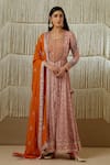 Buy_Shyam Narayan Prasad_Pink Cotton Satin, Flat Chiffon, Rayon Twill Floral, Zardozi Print Anarkali Set _at_Aza_Fashions