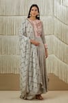 Buy_Shyam Narayan Prasad_Grey Cotton Satin Embroidered Floral Round Applique Anarkali Set  _at_Aza_Fashions