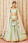 Buy_Shyam Narayan Prasad_Green Raw Silk, Net Round Embroidered Lehenga Set _at_Aza_Fashions