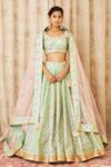 Buy_Shyam Narayan Prasad_Green Raw Silk, Net Round Embroidered Lehenga Set _Online_at_Aza_Fashions