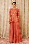 Buy_Shyam Narayan Prasad_Orange Cotton Satin Round Peplum Top And Pant Set _at_Aza_Fashions