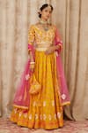 Buy_Shyam Narayan Prasad_Yellow Cotton Satin Sweetheart Neck Embroidered Blouse And Lehenga Set _at_Aza_Fashions