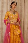 Buy_Shyam Narayan Prasad_Yellow Cotton Satin Sweetheart Neck Embroidered Blouse And Lehenga Set _Online_at_Aza_Fashions