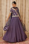 Buy_Shyam Narayan Prasad_Blue Cotton Satin Round Zardozi Embroidered Blouse And Lehenga Set _at_Aza_Fashions