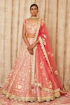 Buy_Shyam Narayan Prasad_Peach Net, Cotton Satin Scoop Neck Embroidered Bridal Lehenga Set _at_Aza_Fashions