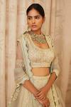 Shop_Shyam Narayan Prasad_Silver Cotton Satin Square Neck Embroidered Lehenga Set _Online_at_Aza_Fashions
