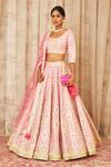Buy_Shyam Narayan Prasad_Pink Raw Silk, Net Scoop Neck Gota Embroidered Bridal Lehenga Set _Online_at_Aza_Fashions