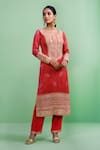 Shop_Shyam Narayan Prasad_Orange Cotton Satin Embroidery Round Gota Kurta Set _at_Aza_Fashions