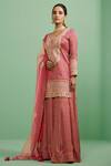 Buy_Shyam Narayan Prasad_Pink Satin, Net Lining Round Printed Kurta Sharara Set _at_Aza_Fashions