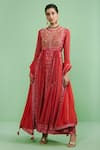 Buy_Shyam Narayan Prasad_Red Cotton Satin Embroidery Round Printed Anarkali Set _at_Aza_Fashions