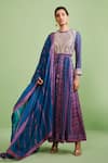 Buy_Shyam Narayan Prasad_Blue Cotton Satin Embroidery Round Printed Anarkali Set _at_Aza_Fashions