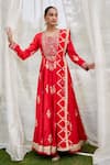 Buy_Shyam Narayan Prasad_Red Jacquard Dola Silk Embroidered Floral Motifs Round Anarkali Set  _at_Aza_Fashions