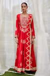 Shyam Narayan Prasad_Red Jacquard Dola Silk Embroidered Floral Motifs Round Anarkali Set  _Online_at_Aza_Fashions