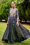 Buy_Shyam Narayan Prasad_Purple Flat Chiffon Printed Floral Motifs Band Tiered Anarkali Set  _at_Aza_Fashions