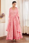 Buy_Shyam Narayan Prasad_Pink Cotton Satin And Chiffon Lurex, Georgette Embroidered Tiered Anarkali Set _at_Aza_Fashions