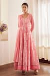 Shyam Narayan Prasad_Pink Cotton Satin And Chiffon Lurex, Georgette Embroidered Tiered Anarkali Set _Online_at_Aza_Fashions