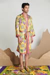 Shivan & Narresh_Yellow Stone Crepe (98% Polyester Botanical Printed Robe _Online_at_Aza_Fashions