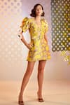 Buy_Pankaj & Nidhi_Yellow Satin Twill Embellished Floral Solaris Mini Dress With Belt  _at_Aza_Fashions