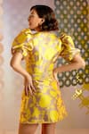 Shop_Pankaj & Nidhi_Yellow Satin Twill Embellished Floral Solaris Mini Dress With Belt  _at_Aza_Fashions