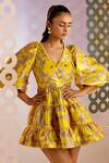 Pankaj & Nidhi Yellow Satin Twill Floral Motifs V Neck Solaris Tiered Fit And Flare Dress Online at Aza Fashions Pankaj & Nidhi_Yellow Satin Twill Floral Motifs V Neck Solaris Tiered Fit And Flare Dress_Online_at_Aza_Fashions