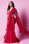 Buy_Ridhi Mehra_Pink Blouse Net Saree Chiffon Embroidery Flann Draped Ruffle With  _at_Aza_Fashions