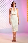 Pankaj & Nidhi_White Tulle Embellished Floral Motifs Halter Neck Souza Dress  _Online_at_Aza_Fashions