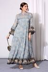 Buy_Soup By Sougat Paul_Blue Chiffon Mandarin Collar Printed Dress _at_Aza_Fashions