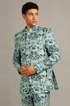 Shop_Soup by Sougat Paul_Blue Silk Printed Floral Bandhgala Set  _Online_at_Aza_Fashions